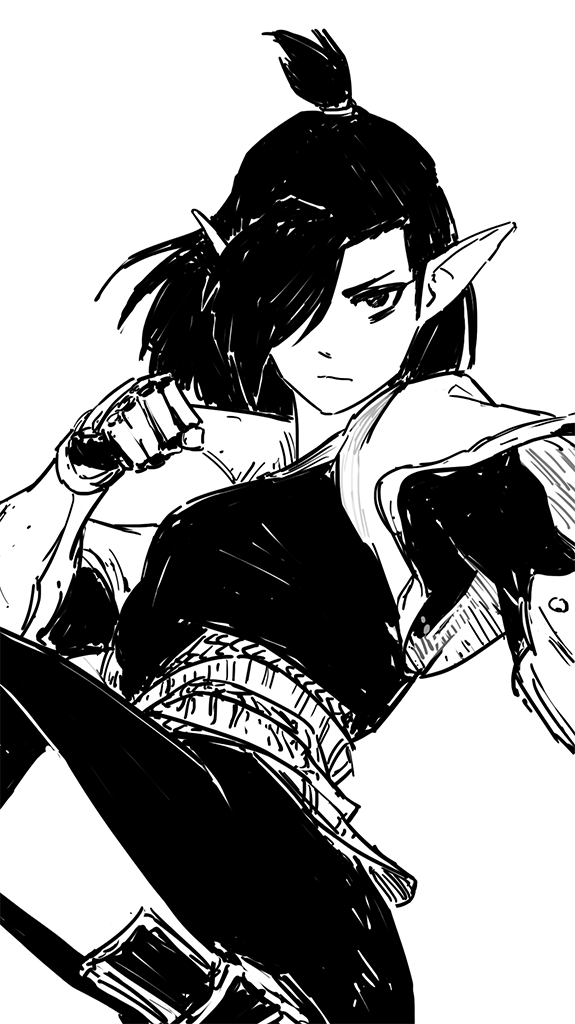 the image is a black and white sketch or drawing of an anime or mangastyle female elf character. she has pointed ears, black hair tied up in a bun, and is wearing a dark, armored outfit.  the character is depicted in a dynamic action pose, suggesting movement and possibly combat. the style is rough and sketchy, with visible brushstrokes and a lack of fine detail in certain areas.  the background is entirely white, focusing attention solely on the character.