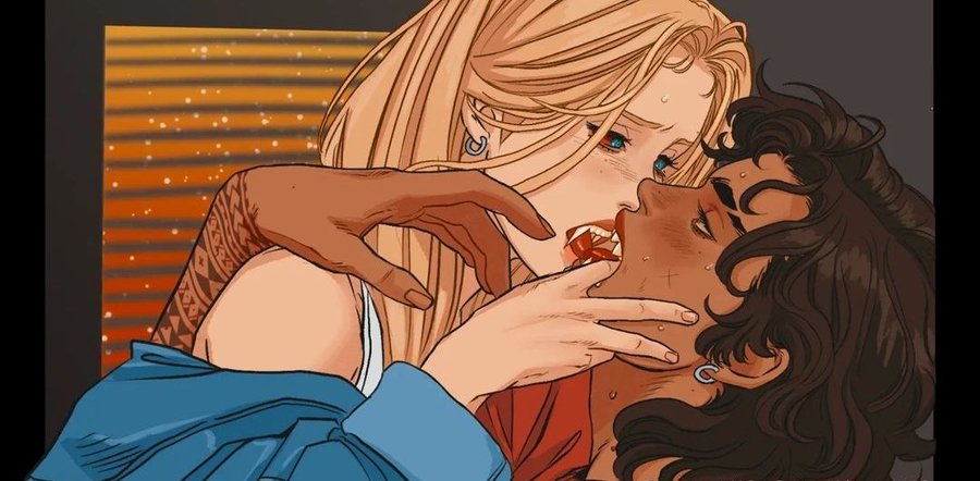 a cartoon drawing of a lesbian couple in a romantic and passionate embrace, with one vampire biting the other's mouth, showing affection, love, and fantasy elements like tattoos, jewelry, and erotic themes. the blonde vampire is biting the other's mouth who has dark hair.