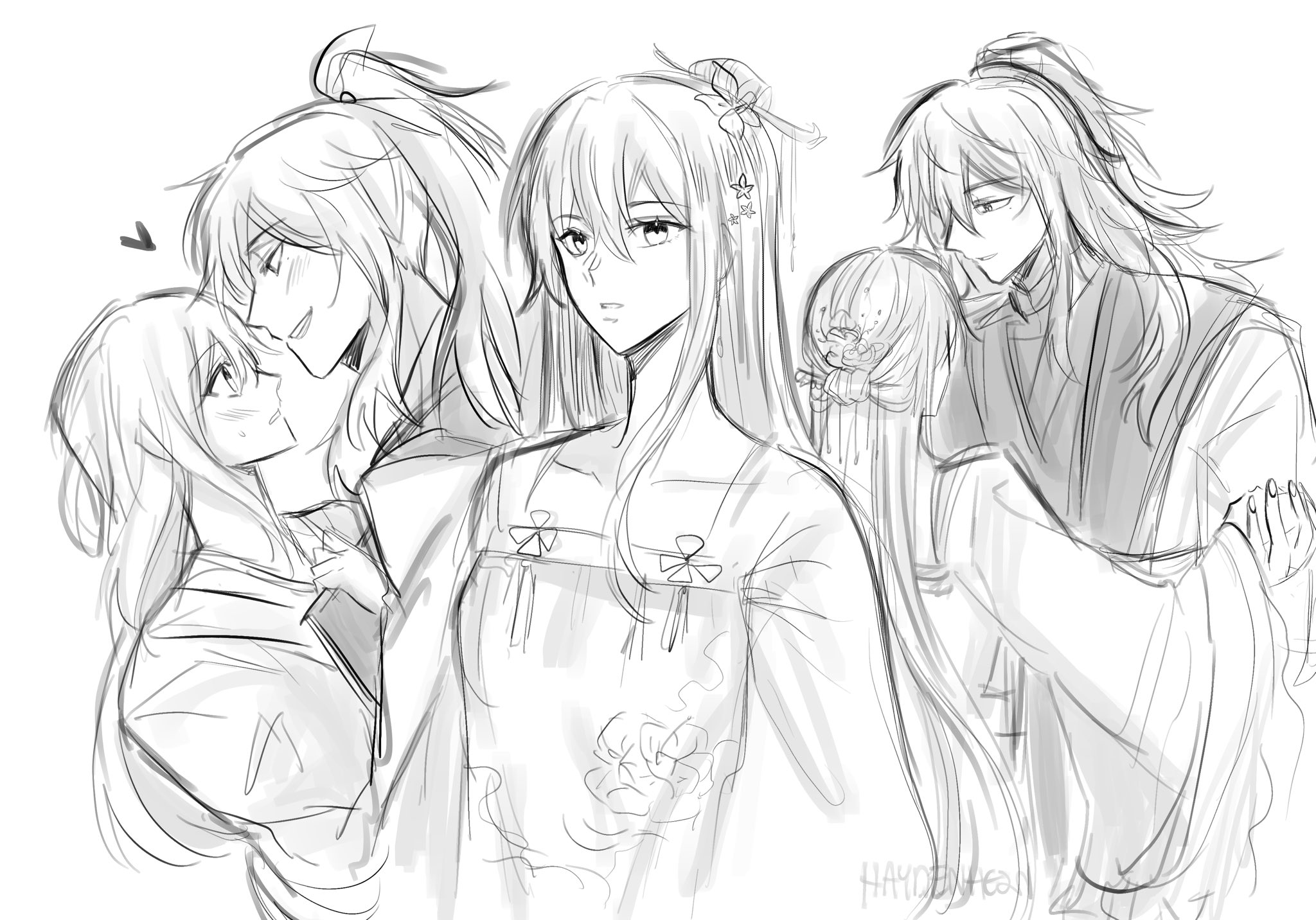 the image is a sketch of four anime characters. the central figure is a woman with long hair and a traditional chinese dress. she is surrounded by three other characters: a woman, a man, and another woman in the background. the image is in a black and white line art style with a simple background. the characters appear to be in a romantic setting. the overall image is delicate and elegant, with a hint of romance and fantasy. the characters have soft facial features and the woman in the center is smiling.