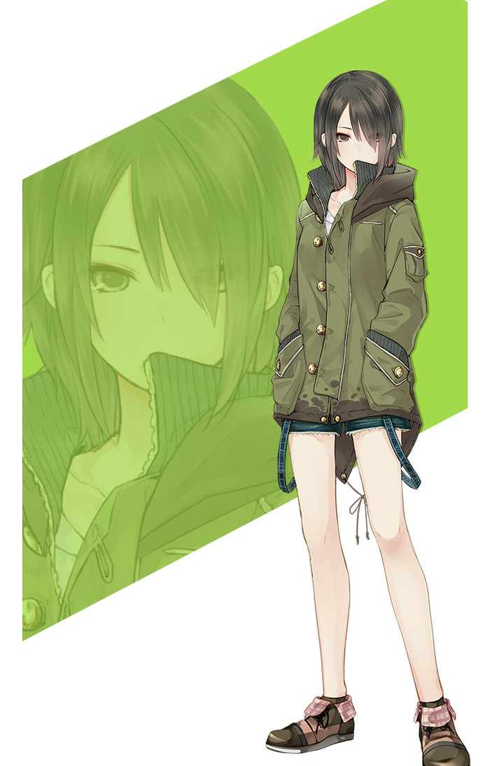 an animestyle illustration features a girl with short, dark hair. she wears a green jacket, denim shorts, and brown shoes with pink accents. the background is a vibrant green with a geometric design. the girl's expression is serious, and she stands with a confident posture.