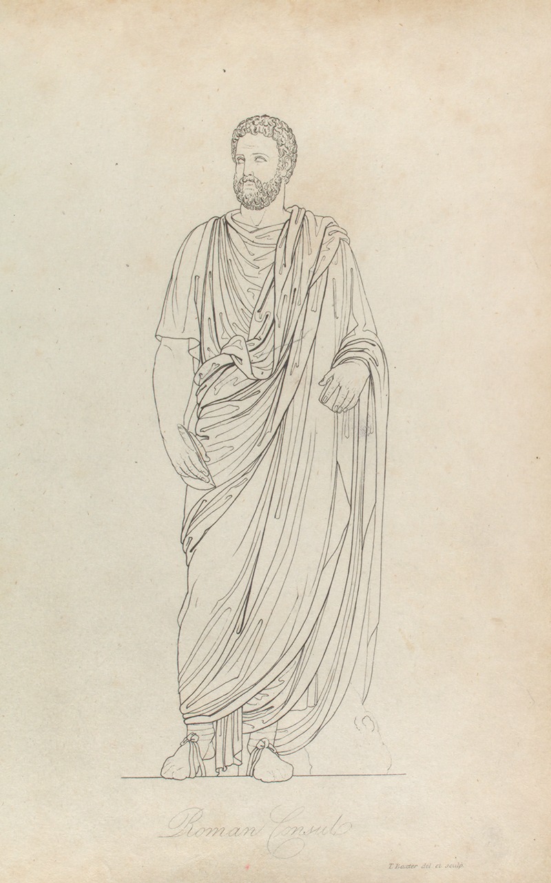a line art drawing of a male figure wearing a toga, identified as a roman consul. the figure has a beard and is depicted in classical attire.