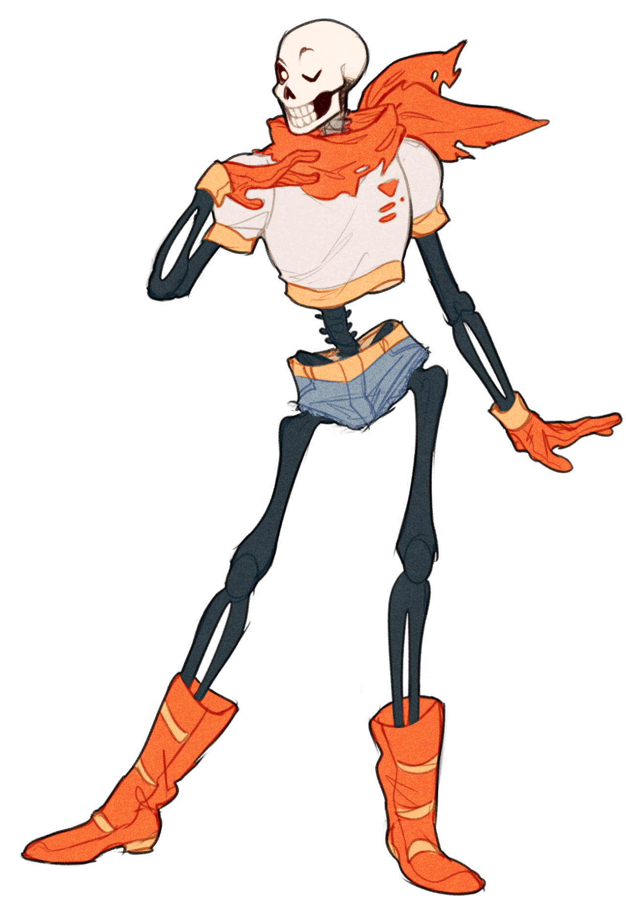 this illustration showcases a stylized skeleton character, likely inspired by the character papyrus from the video game undertale. the character is depicted in a dynamic pose, with one hand on their hip and the other outstretched. they sport a fashionable ensemble of an orange scarf, a white cropped top, denim shorts, and orange boots with yellow accents.  the character exudes a confident and playful aura.