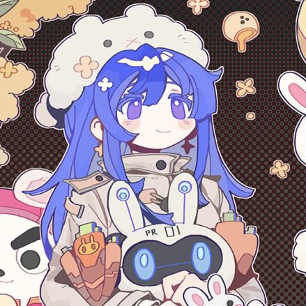 this is a digital art illustration of a cute anime girl with blue hair holding a bunny robot. she is smiling and her hair is flowing around her. the background is a colorful pattern of pink, blue, and yellow.