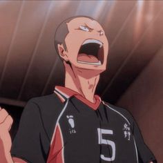 the image features a digital drawing of a young man with a shaved head, likely an anime character. he's shown in the middle of a powerful shout with his mouth wide open, teeth bared, and eyebrows furrowed in intense concentration.  he wears a black and red sports jersey, suggesting he's a volleyball player. the closeup perspective emphasizes his expression and the intensity of the moment. the setting appears to be an indoor gymnasium, hinted at by the muted colors and lines in the background.