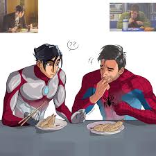 a digital fanart drawing of actors andrew garfield and tobey maguire as their respective spiderman characters having a meal together at a restaurant.  the background is two scenes from tv shows featuring the two actors.