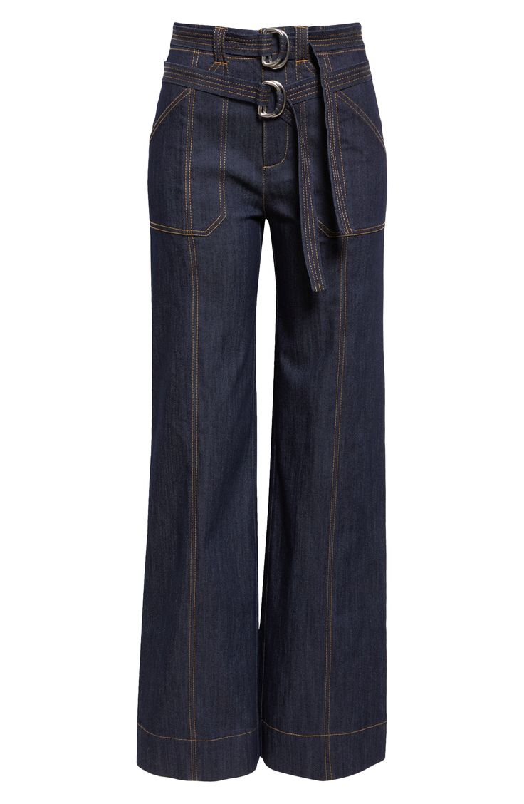 a pair of women's high waisted blue wide leg denim jeans. the jeans are a casual style with a front view, full length. the jeans have a wide leg and are a loose fit. the jeans are made of denim and have a belt with two buckles.