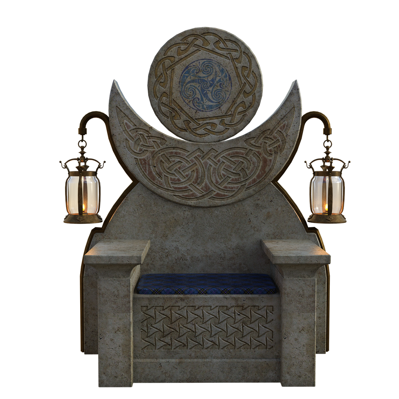 a stone throne with celtic designs, including a crescent moon shape and a circle above it. there are lanterns hanging on either side of the throne. the seat has a blue cushion. the throne has a geometric pattern on the front.