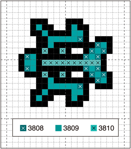 a closeup view of a pixelated spaceship. the spaceship is blue and black with a small amount of green on the front. the background is a grid of black lines. the ship is viewed from the side. the image has a caption explaining that the ship is comprised of three different colors: black, light blue, and a darker bluegreen.