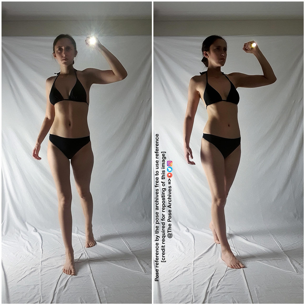 a woman in a black bikini stands against a white background, holding a flashlight in her right hand. the image is a diptych, with the left side showing the woman illuminated by the flashlight and the right side showing her in more natural light. the image includes a watermark with credit information for the pose reference.