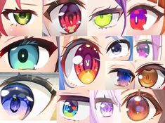 this image is a collage of various anime style eyes. each eye is unique in shape, color, and design. the styles range from simple and cute to more complex and detailed. overall, the image is vibrant and eyecatching.