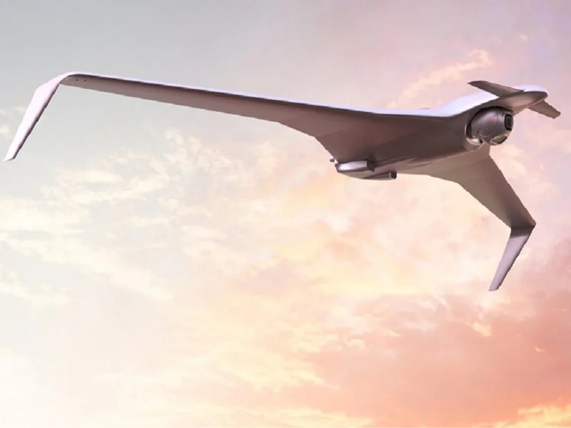 a white drone with a long, thin wingspan flies through a sky full of clouds. the drone appears to be at a high altitude, and the sun is setting in the distance. the drone is a futuristic design with a sharp, angular shape.