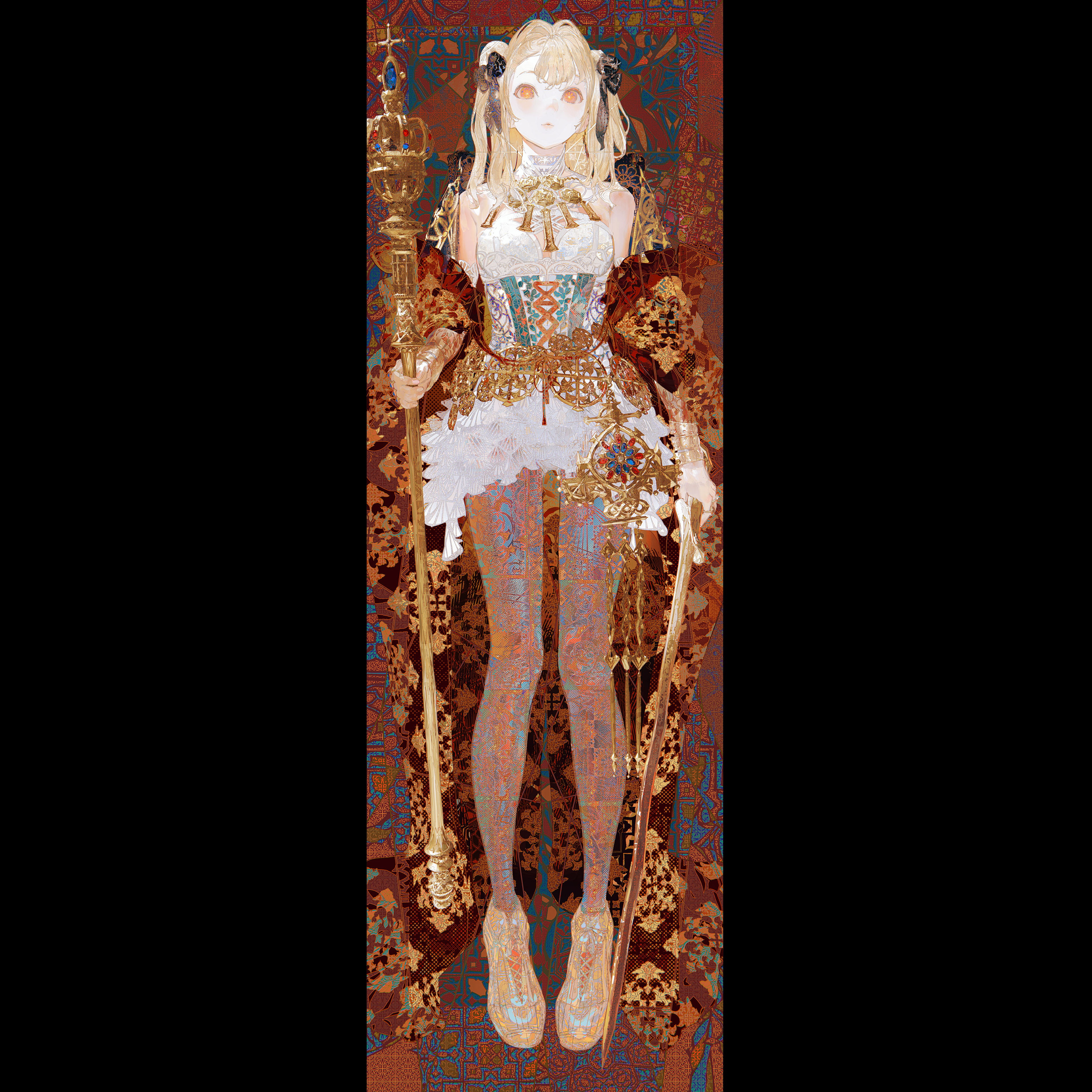 the image is a digital illustration of an animestyle female character, possibly a queen or princess, depicted in a fulllength portrait. she is elegantly dressed in an ornate, fantasyinspired gown with gold accents, a white ruffled skirt, and detailed corset.  she holds a golden staff or scepter in one hand. her legs are clad in patterned tights and elegant, goldenhued boots. the background is a rich tapestrylike design with deep reds, golds, and other warm colors that complement her clothing. the overall style of the artwork is ethereal and detailed, focusing on the intricate aspects of the character's attire and the richness of the background. the character's expression is serene, adding to the overall magical and elegant feel of the illustration.
