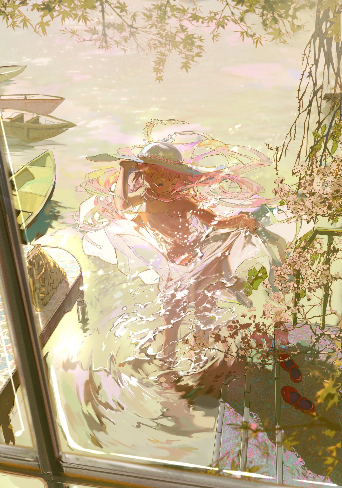 the image is a digitally painted or illustrated scene depicting an animestyle girl with long pink hair, wearing a large, lightcolored hat and a flowing white dress. she's playfully splashing in shallow, clear water near a dock or lakeside area.  several small boats are visible in the background, adding to the idyllic scene.  cherry blossoms and lush greenery surround the water, enhancing the tranquil ambiance. the scene is viewed through a window, with a portion of the interior—what appears to be a piano—visible in the bottom left corner. the overall style is dreamlike and whimsical, using a soft, pastel color palette with strong focus on light and transparency.  a pair of red shoes lies on the steps nearby.