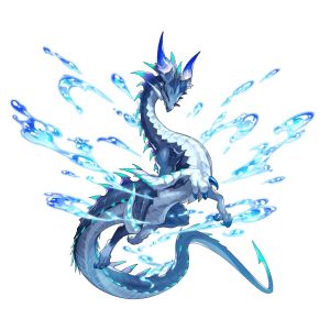 a blue and white serpentine dragon with horns, spikes, and scales, surrounded by splashes of water. it is a fantasy creature with a mythical appearance. the image is an illustration or artwork.