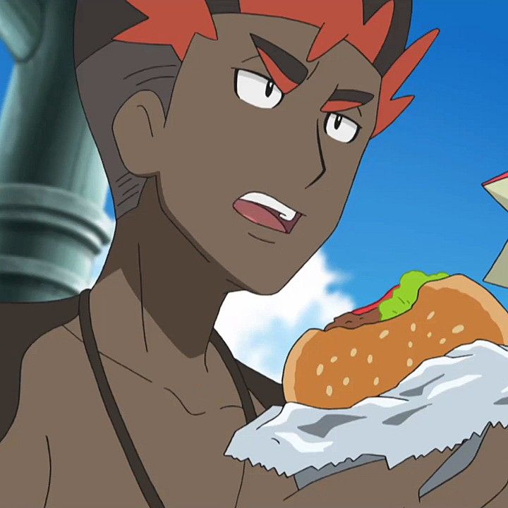 a closeup of a cartoon anime character, a young shirtless man with short, spiky red hair and dark skin. he is looking to the side with a shocked and surprised expression on his face, with his mouth slightly open. the man is holding a hamburger in front of him, almost as if he's about to take a bite.  the background is blue and white with a hint of a building in the background.  the man appears to be surprised at the hamburger.