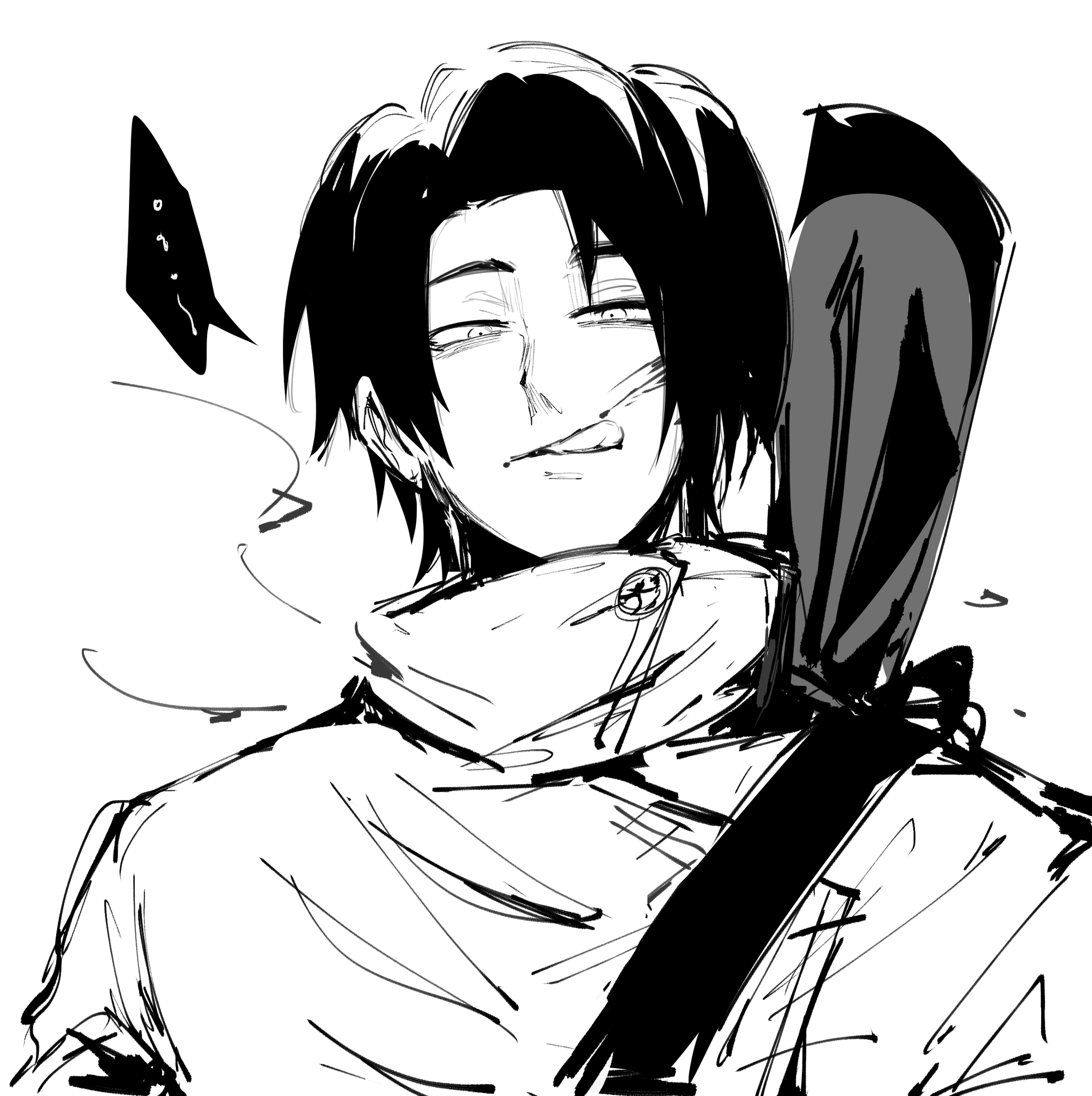 a black and white line art illustration of a young male anime character. he has black hair and wears a white shirt and black straps. he has a confident smile and is looking at the viewer. the drawing is done in a sketchy style.