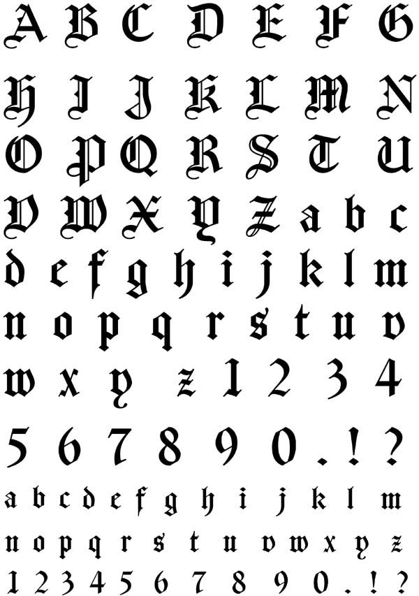 this image is a full set of the old english alphabet with lowercase letters, numbers, and punctuation marks. the font is a classic black letter style, known for its gothic and medieval origins, often used in calligraphy and typography. the image presents each character clearly and distinctly, making it suitable for reference or design purposes.