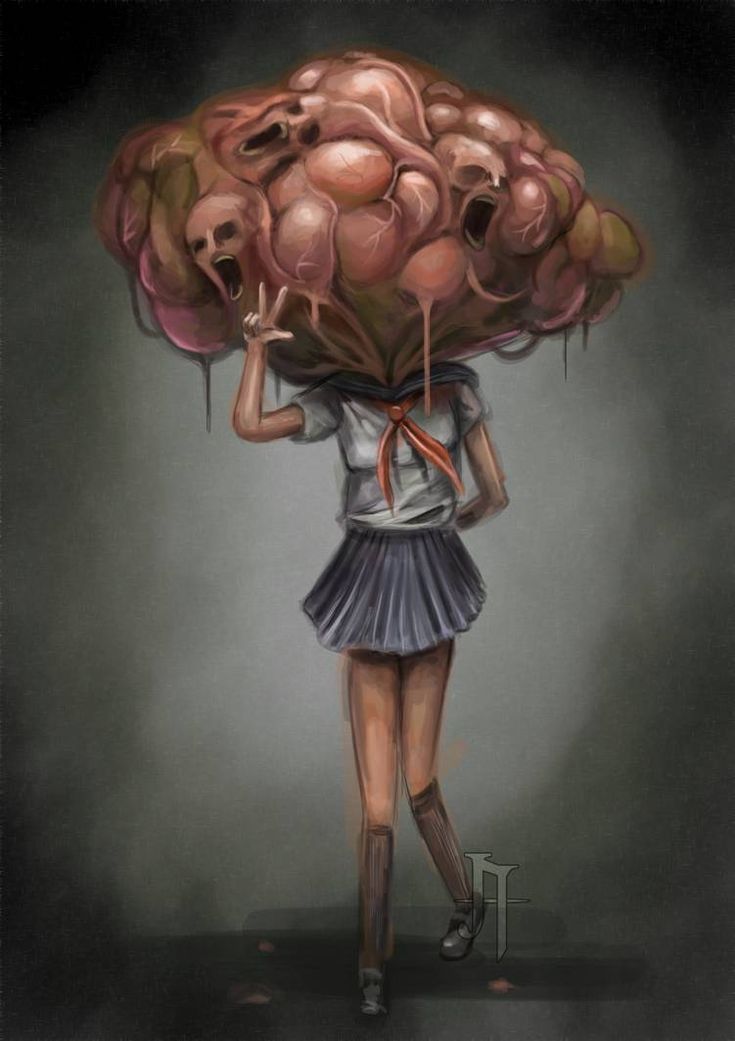 a digital painting of a girl wearing a school uniform. her head is replaced with a strange