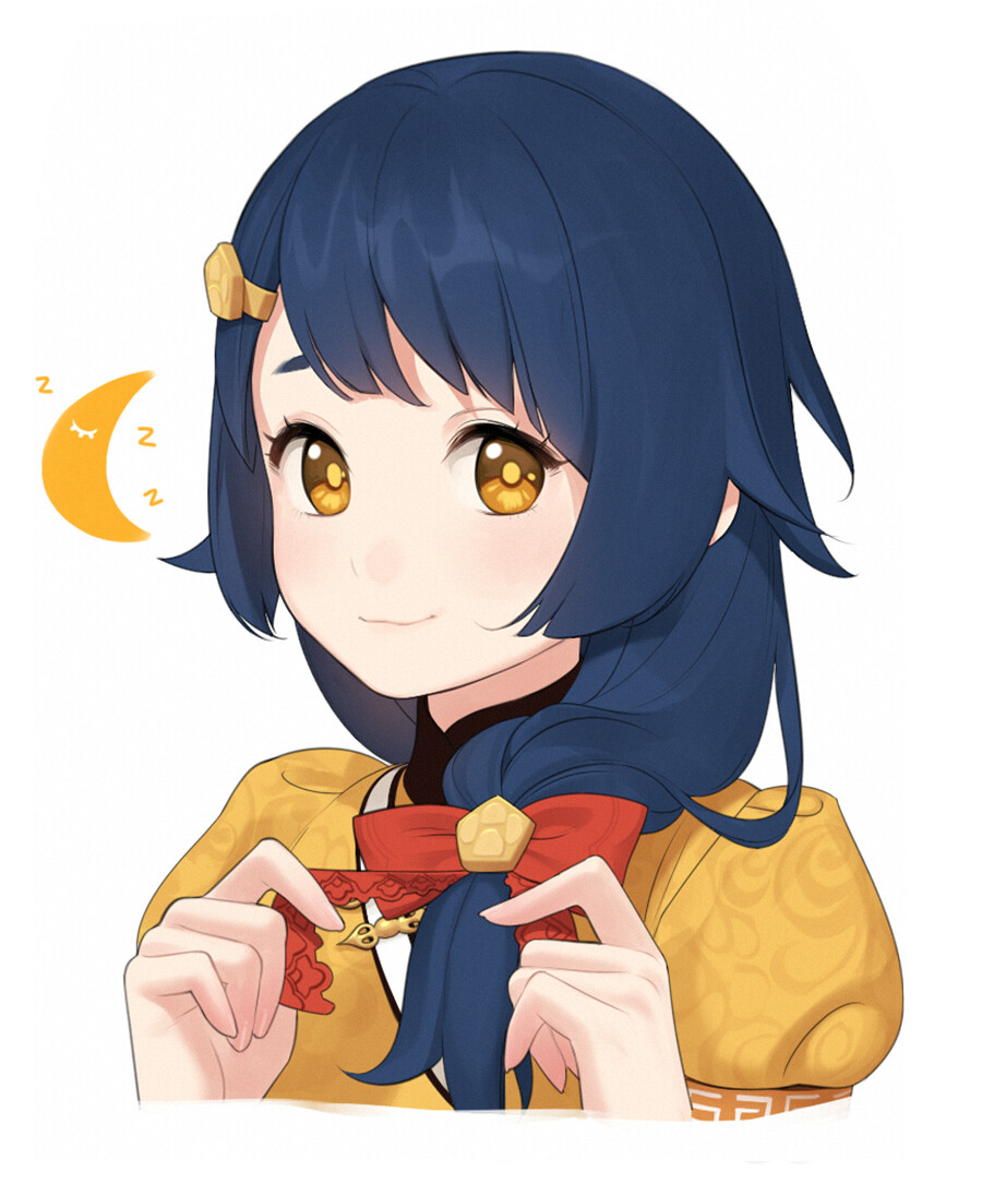 a closeup illustration of a young anime girl with dark blue hair and golden eyes. she wears a yellow and orange traditionalinspired outfit and is tying a red ribbon with a gold ornament into her ponytail. a small crescent moon with "zzz" emanating from it suggests she is sleepy. the background is a clean white, focusing attention on the character.  the art style is soft and friendly.
