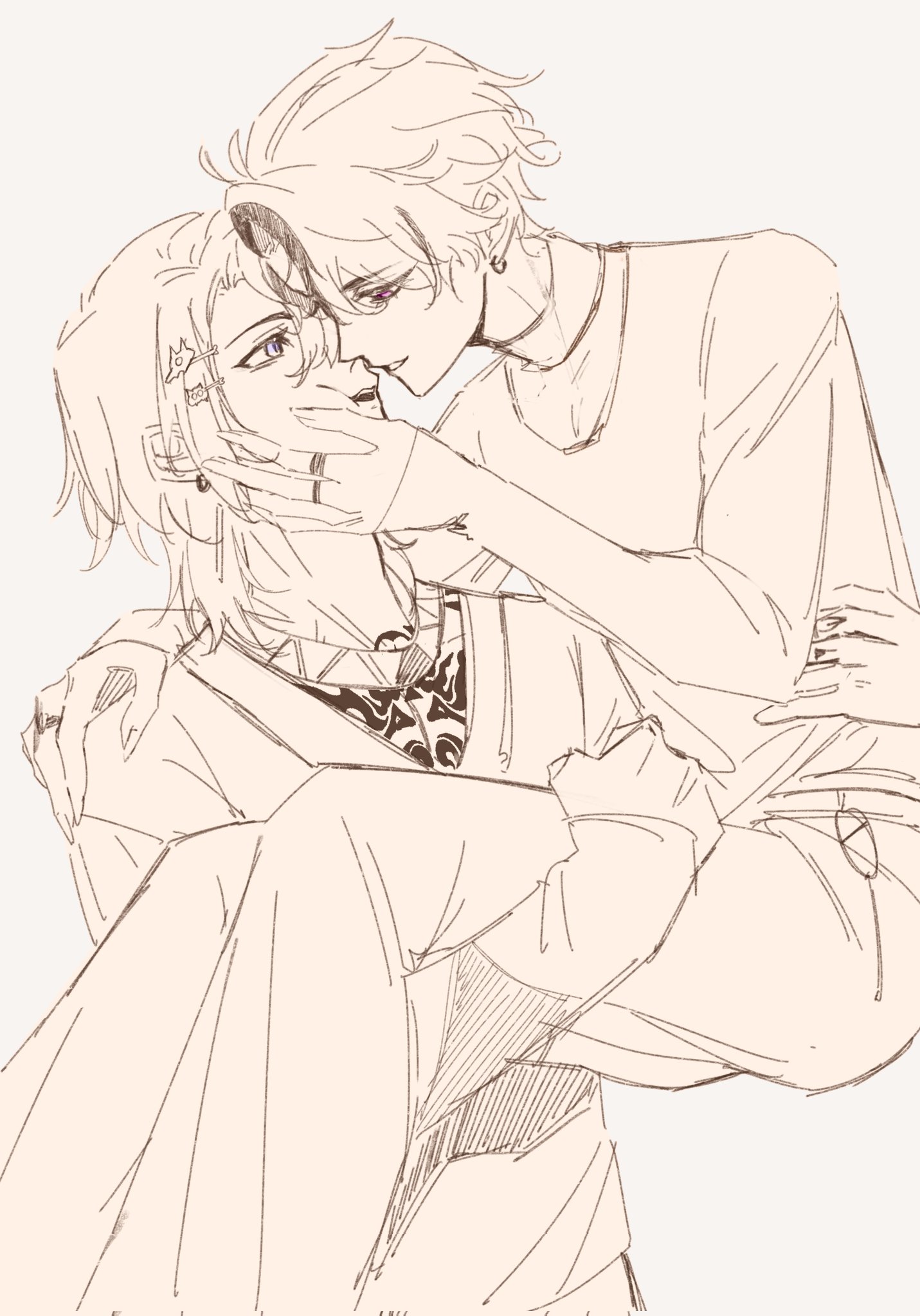 a line art illustration of two anime characters, a male and a female, in an embrace, kissing, the male is holding the female in his arms. they look happy and in love, it's a cute and romantic image.