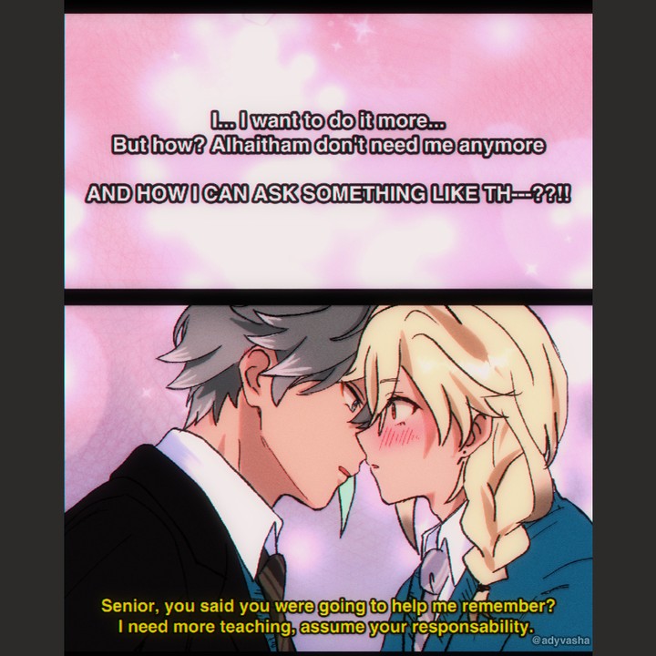 this image is from a comic or graphic novel. it features a closeup of two anime characters, a male and a female, looking at each other with affection. the male character has short, gray hair and is wearing a black suit. the female character has long, blonde hair and is wearing a blue and white uniform. they are both blushing and seem to be about to kiss. there is text in the image, suggesting that the male character is trying to express his feelings to the female character but is