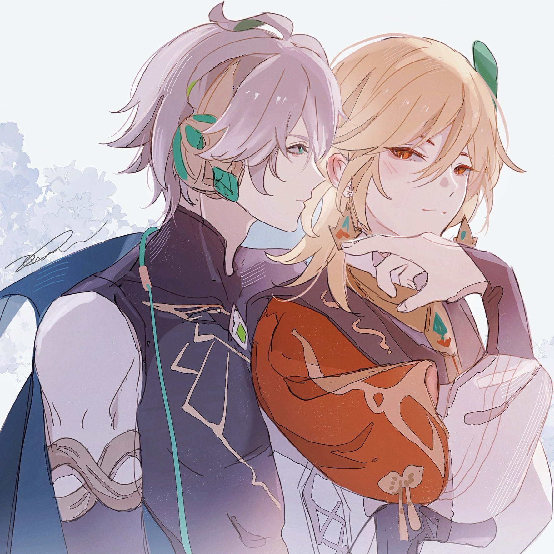 the image is a digital drawing of two anime boys. they are close to each other and the boy on the left is holding the boy on the right's chin with his right hand. the boy on the right is blushing and looking at the boy on the left. they are both dressed in elaborate clothing. the background is a light blue and purple color, with flowers in the background.  the image is in a romantic style, suggesting a love story between these two young men.