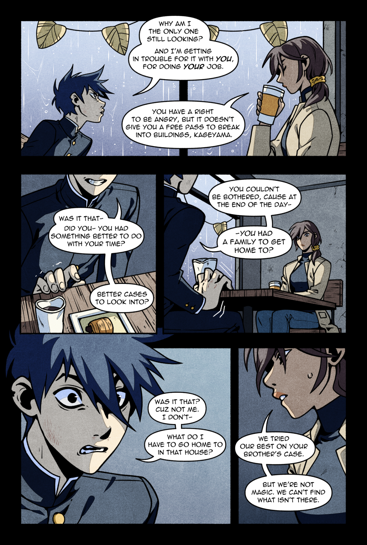 the image showcases a page from a graphic novel with two characters in a tense conversation. they are both drawn in a semirealistic style with muted colors, emphasizing the serious tone of their exchange. the background features a simple café setting with a window revealing a rainy cityscape, contributing to the overall somber mood. the dialogue suggests a disagreement about the handling of a missing person case, possibly involving a family member of one of the characters.