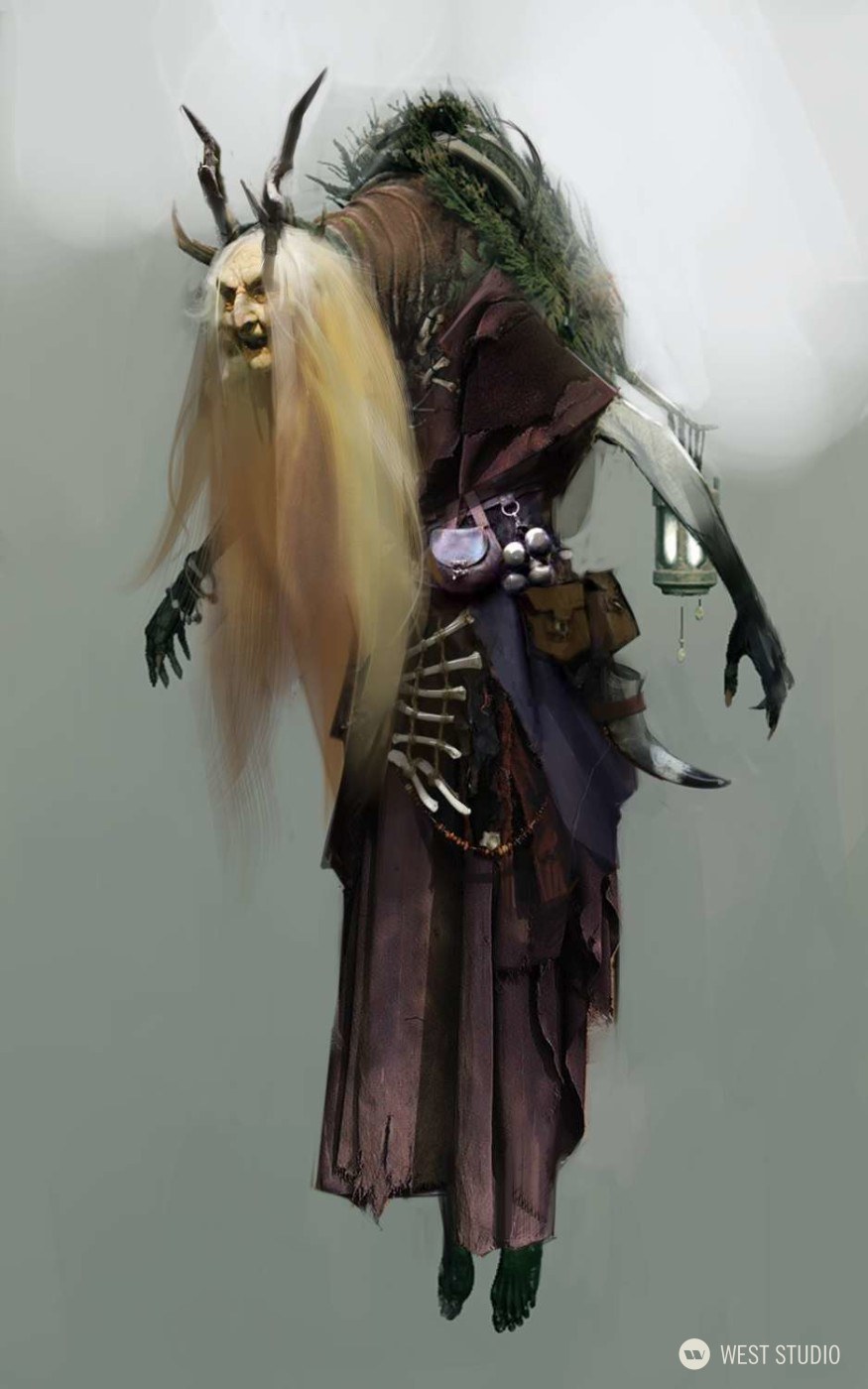 the image showcases a haunting creature concept, likely a spirit or shaman associated with death. it floats ethereally, draped in tattered, dark clothing. its back is adorned with a large mask featuring a grimacing, aged face with antlers. bones, a lantern, and pouches hang from its belt, adding to its eerie and mystical aura.