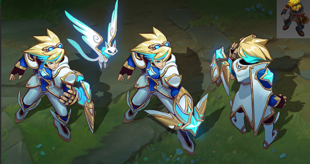 a depiction of ashe, a video game character from the popular online multiplayer battle arena game league of legends, dressed in a light blue and gold star guardian skin. she is holding a bow and arrow, while a small blue, pink, and white fairy with blue glowing wings hovers by her side. the background is a blur of greens and blues, with flowers scattered about the ground.