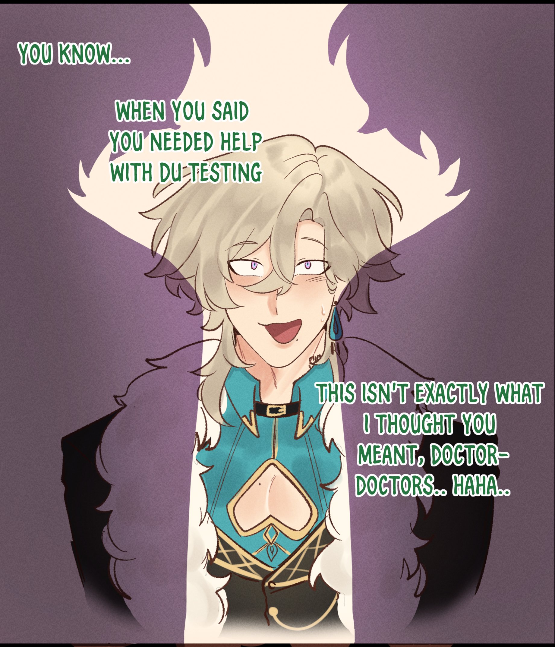 the image features an anime character, a male with lightcolored hair and purple eyes, wearing a teal and gold outfit with a low neckline. he's slightly blushing and has an awkward smile on his face. text bubbles around him contain dialogue, suggesting a misunderstanding or unexpected situation. the background is a muted purple, and there are indistinct shadow figures behind him.