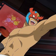 the image showcases a muscular cartoon man, clad in a vibrant red and blue wrestling mask, exuberantly flexing his right arm. set against a backdrop evocative of a wrestling arena, with blurred lights and a fiery design, the illustration captures the energy and showmanship inherent to professional wrestling.