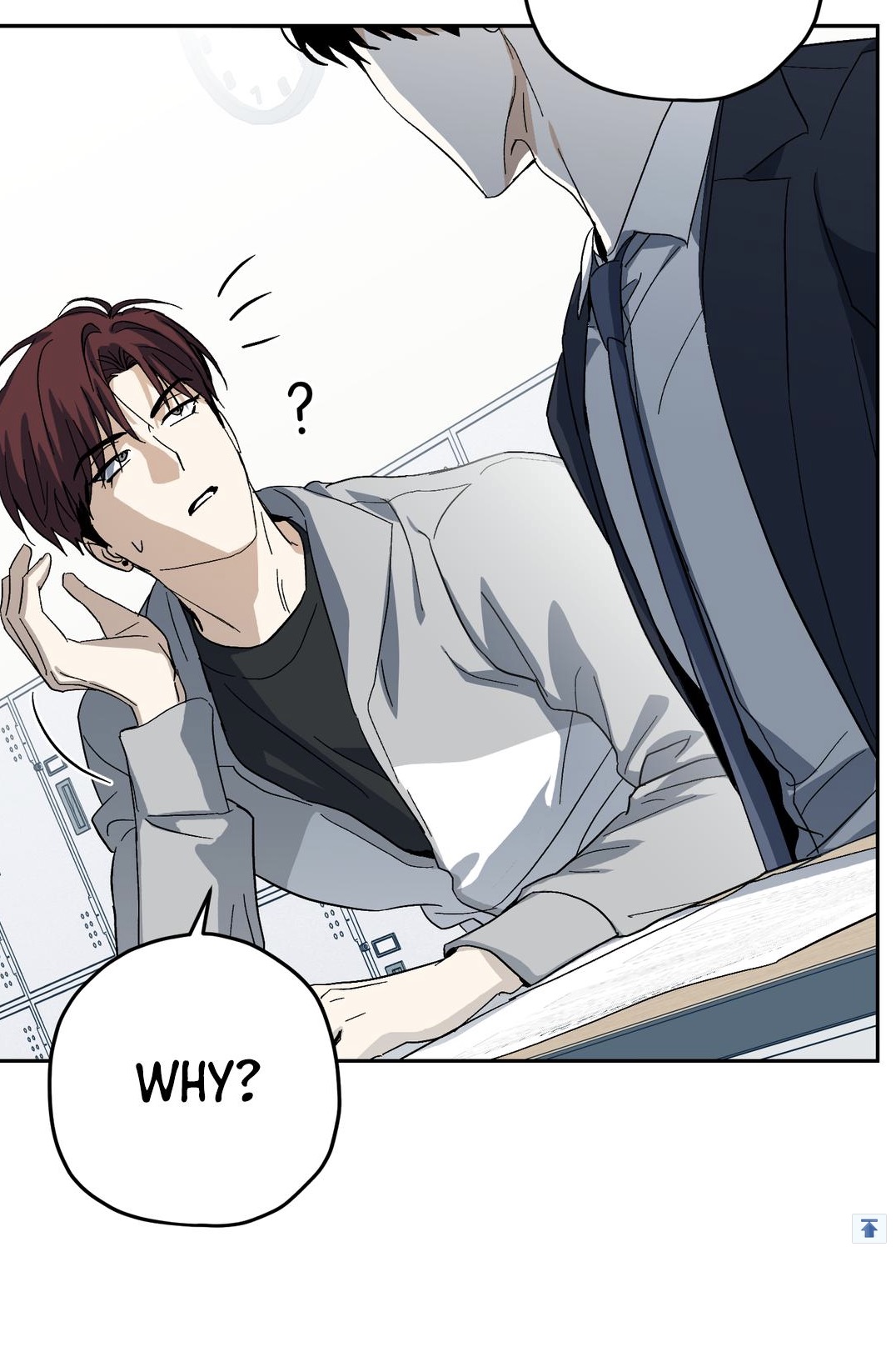 he image is a panel from a manhwa (korean comic) or webtoon. it features two male characters. one has red hair and is wearing a grey hoodie, looking confused and questioning something with a speech bubble above his head saying "?". the other character is wearing a dark suit and is looking down at the first character. both characters are in a school setting, near lockers and books/papers on a desk. the overall tone is dramatic, suggesting a conflict or surprising revelation. the speech bubble at the bottom says "why?".