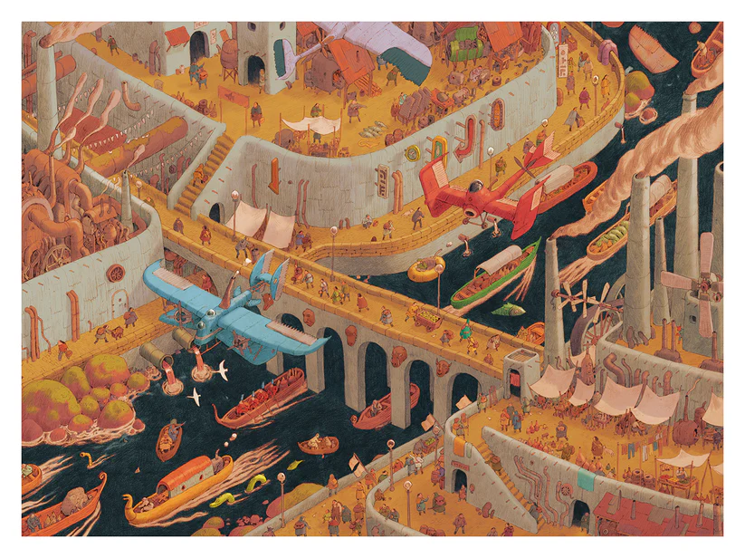 the image shows a detailed, isometric view of a fantastical city with steampunk elements. there are crowds of people moving throughout the city, which is crisscrossed by waterways filled with boats. two airplanes, one red and one blue, fly over the city. factories with tall chimneys emitting smoke stand alongside marketplaces with tents and various buildings. bridges connect different parts of the city.