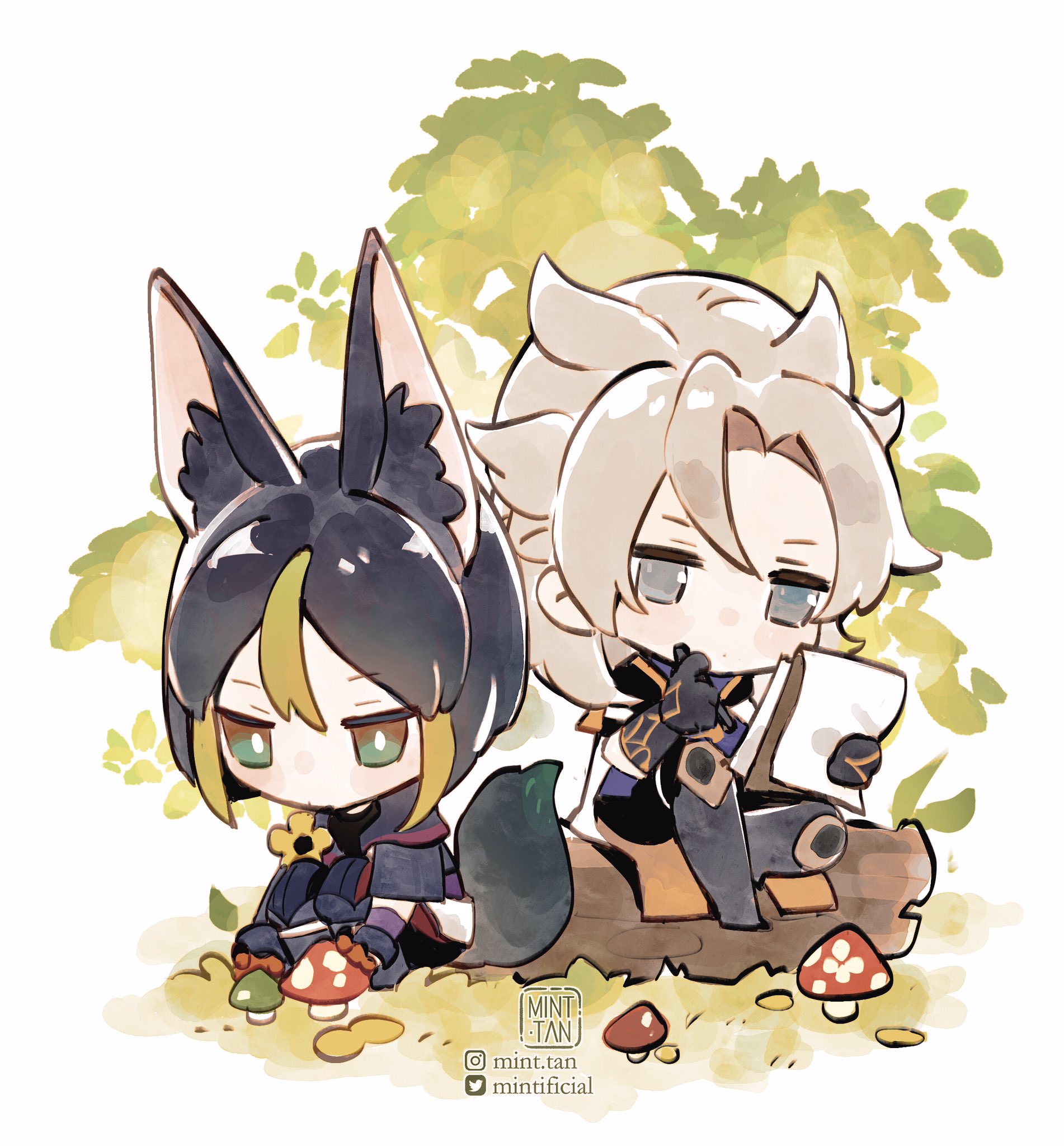 this image depicts a chibi anime style illustration of a cute girl and boy sitting on a log in a forest setting. the girl has black fur and a yellow tail, while the boy has white hair. they are both surrounded by mushrooms, with the girl holding a mushroom in her hand. the boy is reading a book. the background is a watercolor style forest scene. the overall style is whimsical and playful.