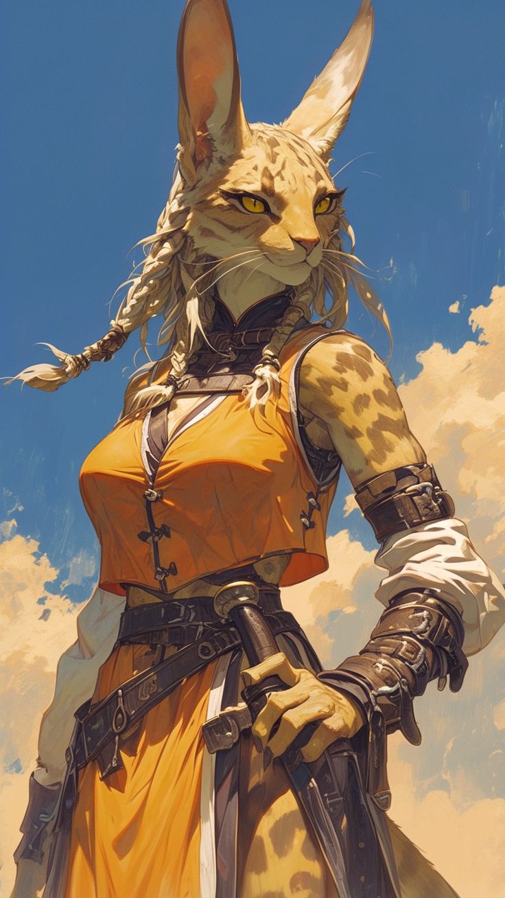 a full body image of a warrior woman character, with long cat ears and a furry catlike body, standing with her sword drawn. she has long flowing braided hair and is wearing a leather harness and orange vest over a white shirt. the background is a cloudy sky.