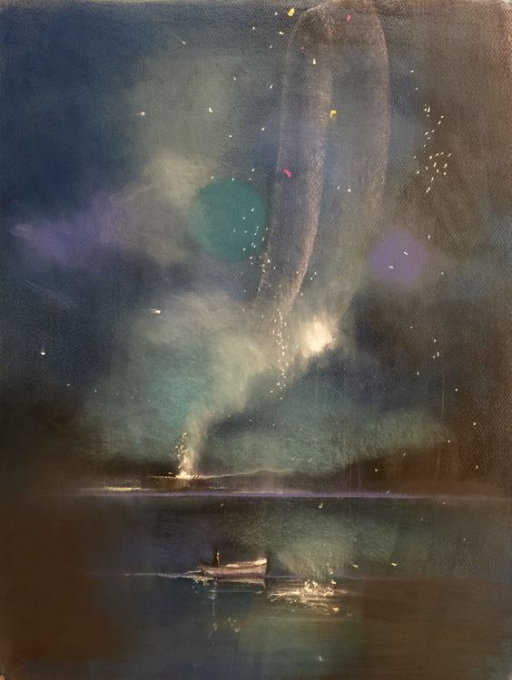 a painting depicting a nighttime scene on a body of water. a small boat is visible in the foreground, with a figure inside. the water reflects the sky, which is filled with stars and possibly a moon. there are also clouds or mist in the sky, creating a dreamy and somewhat mysterious atmosphere.
