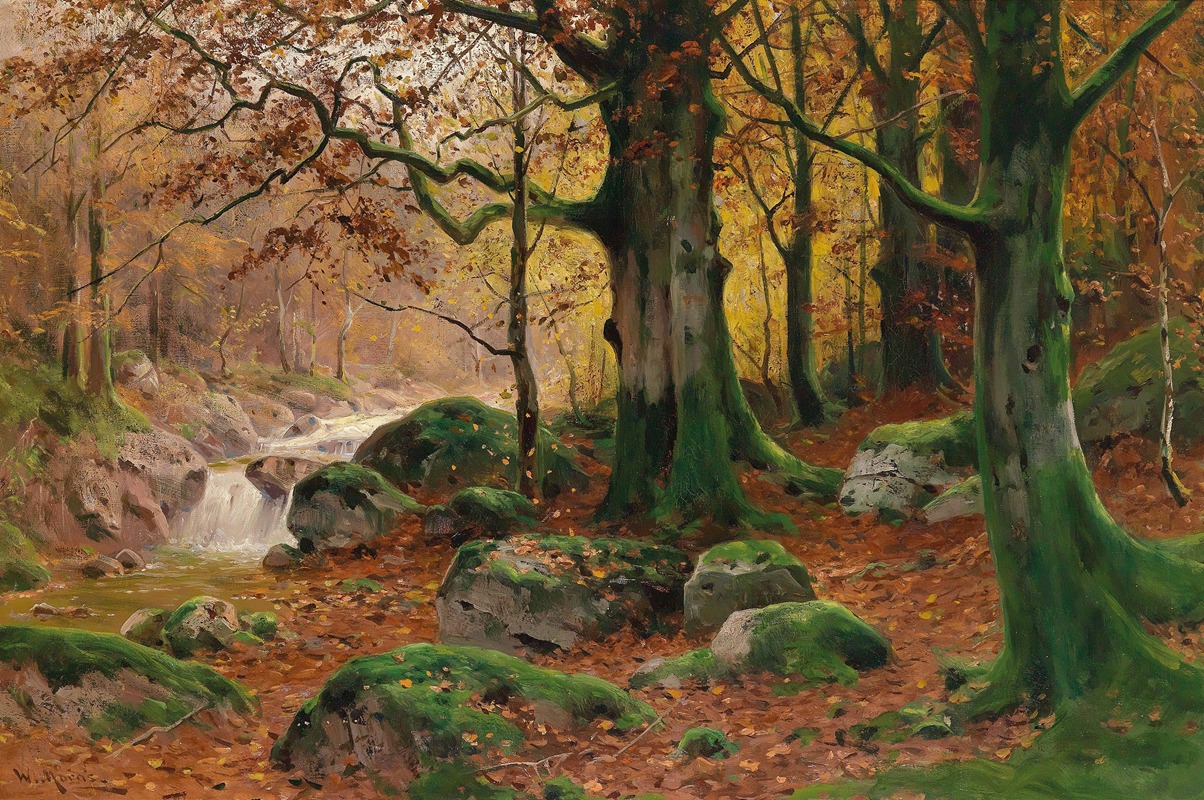 the image is a painting of an autumn forest landscape. a stream with a small waterfall flows through the scene, surrounded by mosscovered rocks and fallen leaves. tall trees with green trunks and branches reaching towards the sky dominate the scene. the leaves on the trees are turning brown, yellow, and orange, indicating the season is autumn. the painting conveys a serene and peaceful atmosphere. the artist signature appears to be "w. hofman" in the lower left corner.