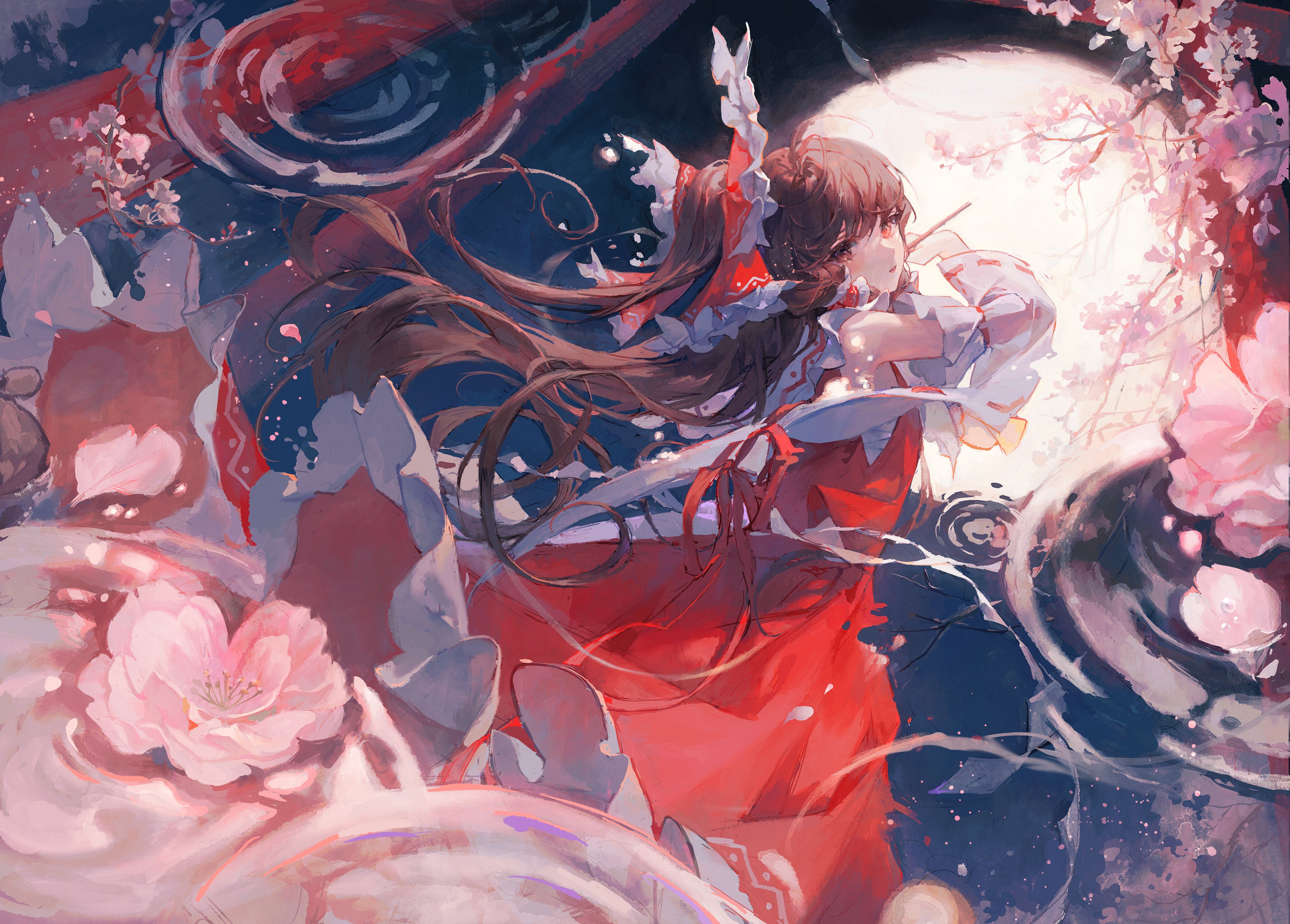 the image is a digital painting of reimu hakurei, a character from the touhou project, in a serene and mystical setting. she is depicted with long brown hair flowing around her, wearing a red yukatastyle dress, and seemingly floating on or near the surface of water.  cherry blossoms are scattered around her and in the water, and a bright moon shines in the background. the overall style is soft and painterly, with a focus on atmospheric effects and a dreamy mood.  the ripples in the water and the flowing fabric of her dress create a sense of movement and fluidity. the colors are predominantly reds, pinks, and blues, creating a beautiful and harmonious composition.