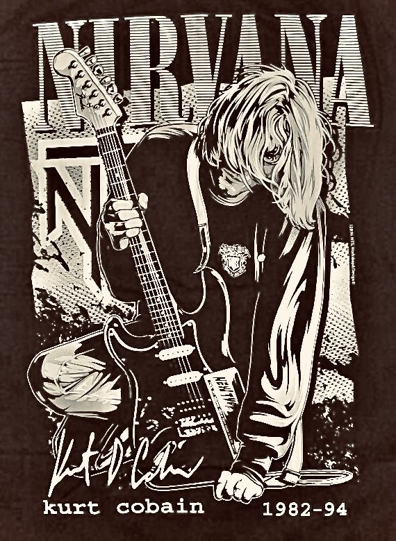 the image is a stylized black and white illustration on a dark brown background of kurt cobain, the lead singer of the grunge band nirvana.  he is depicted playing a fender electric guitar, his signature prominently displayed below him. the design incorporates the band's name, "nirvana", in a bold, stylized font, along with the dates "198294", signifying nirvana's active years. the overall style is reminiscent of grunge album art or band merchandise from the 1990s. the image is a graphic design suitable for apparel (like a tshirt) or other merchandise.  the background has a grungetexture effect.