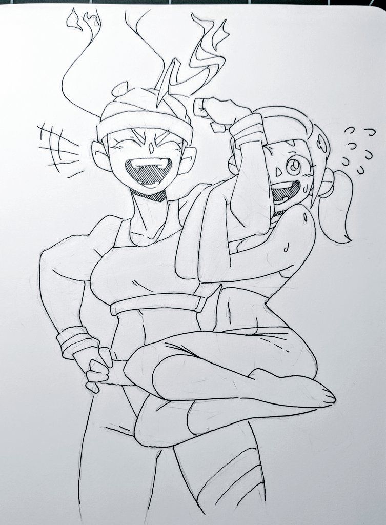 a black and white drawing of two animated girls laughing while hugging and holding each other. one girl is taller and has her arms around the other. both are smiling wide with their mouths open. the taller girl has spiky hair and a headband.  the shorter girl has her hair in a ponytail and a small smile. the drawing appears to be made with ink on paper. it appears to be a comic bookstyle illustration.