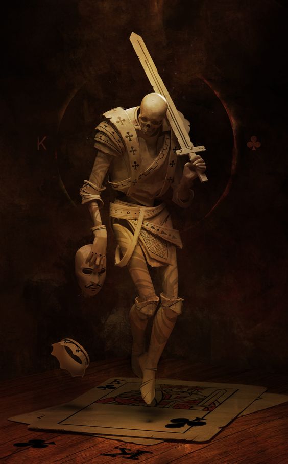 a skeletal knight stands atop playing cards, clutching a sword and a severed head. the figure, rendered in shades of bone and ivory, emerges from a shadowy background, illuminated by a single light source. the knight's hollow gaze and the scattered playing cards evoke themes of death, war, and fate.