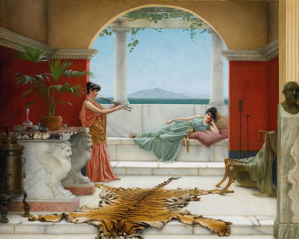 a painting by lawrence almatadema depicts two women in an opulent roman terrace setting. one woman stands near a table, playing a double flute, dressed in draped fabric. the other woman reclines on a marble bench, resting her head on a pillow, dressed in a light green gown. the terrace features marble columns and red walls. a tiger skin rug lies on the tiled floor. a bust sits on a pedestal to the right. in the background, a mountain is visible across the sea. the terrace exudes an atmosphere of wealth and leisure.