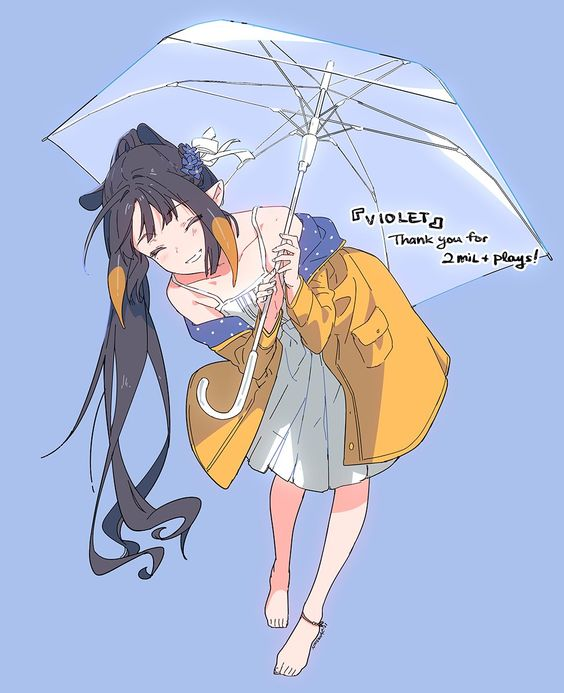 a cute anime girl with long black hair is smiling and holding an umbrella. she is wearing a yellow jacket, a white dress, and blue shoes. the background is a light blue color. the text in the upper right corner says "violet" and "thank you for 2mil+ plays!" it's a digital illustration in the style of anime.