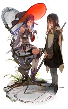 the image portrays two women engaged in what appears to be a magical ritual. a woman with long blue hair sits upon an ornate, thronelike chair formed from twisted branches.  she wears a flowing white and brown dress reminiscent of a fantasy sorceress and a widebrimmed red hat. she holds a thin wand and gazes intently at a sundial at her feet.  beside her stands another young woman, her dark hair obscuring her face. she wears a long black and white dress and holds a long staff, the tip of which also rests on the sundial. the scene is bathed in soft, diffused light, lending a mystical and slightly eerie atmosphere to the image. the overall palette leans towards muted earth tones, further enhancing the feeling of a secluded, natural setting.
