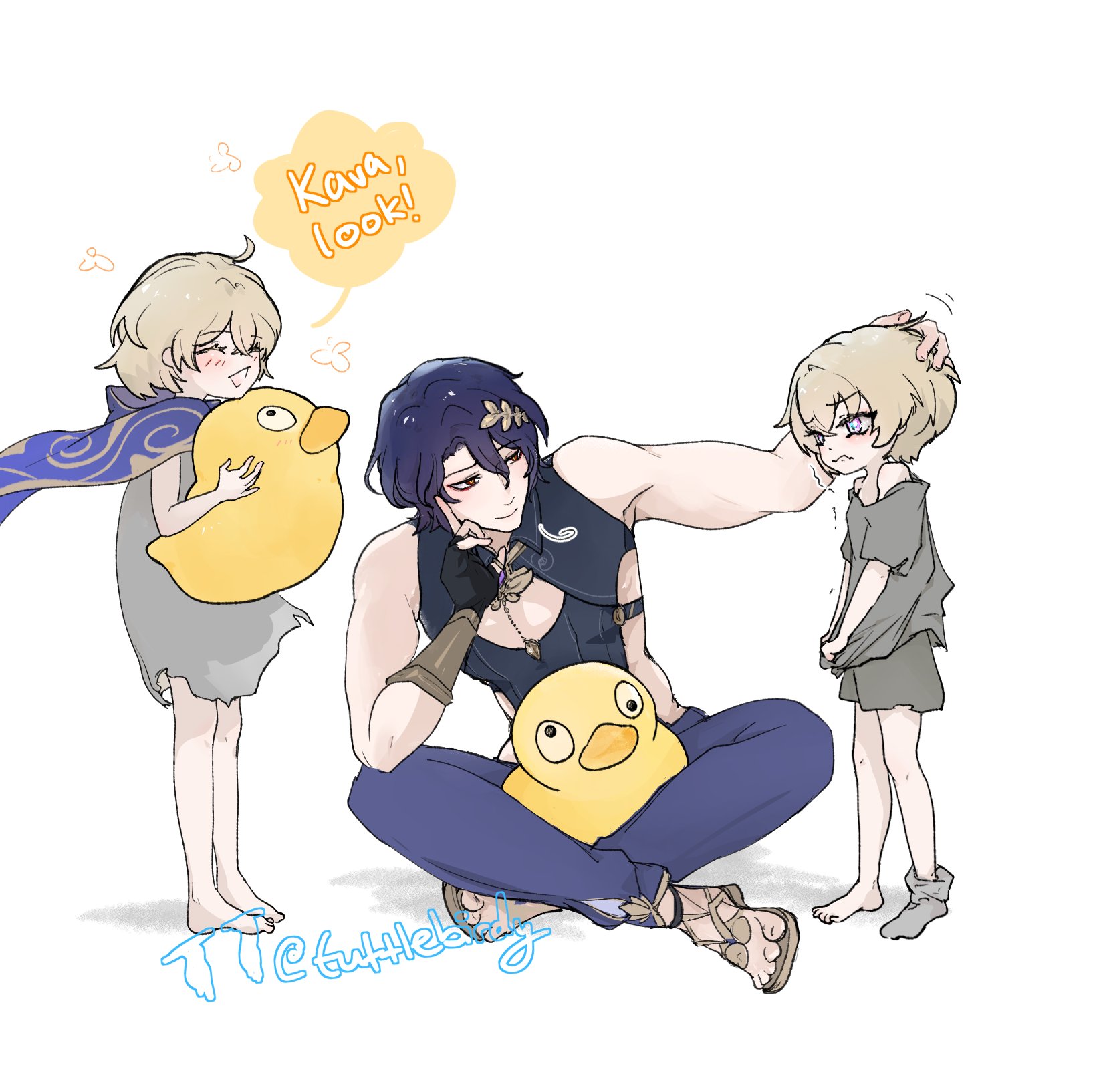 the image is a digital fanart illustration in an anime/manga style.  it depicts a muscular adult male character with dark purple hair, sitting on the floor. he's wearing dark blue pants and a dark top, and is affectionately interacting with two smaller, childlike characters with blonde hair. one child is happily holding a large yellow plush duck, and the adult is gently touching the other child's head.  the style is cute and somewhat chibilike, with a lighthearted tone conveyed through the expressions and body language of the characters. the background is simple and white, focusing attention on the characters. a speech bubble above one of the children says "kawa! look!" suggesting they want to show off their duck toy. the artwork has a signature or watermark that appears to read "cuthhealy".  the overall aesthetic is light and playful.