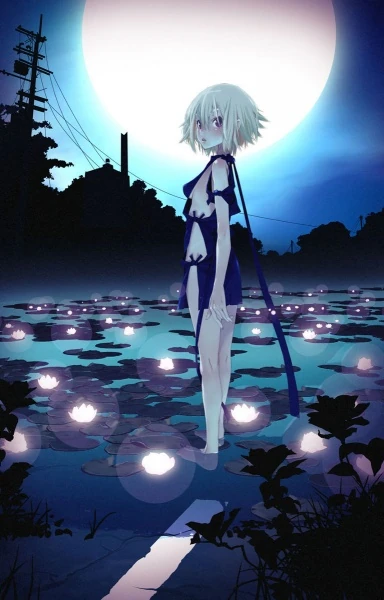 a young anime girl with short, white hair stands amidst a field of water lilies at night. the full moon illuminates the scene from above, casting a soft, blue glow over the water and creating long shadows. the girl wears a simple, blue dress and has a melancholic expression. the overall atmosphere is one of tranquility and mystery.