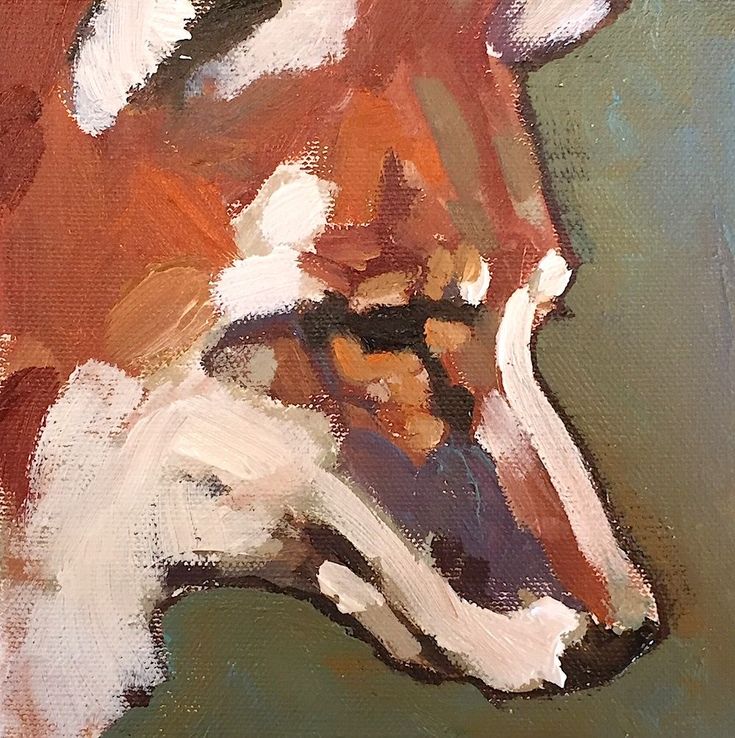 the image is a closeup detail of an oil painting depicting the head and neck of a red fox in profile. the artist uses a loose, impasto style with visible brushstrokes, creating a textured surface. the colors are rich and earthy, dominated by reddishbrowns and whites to capture the fox's fur.  the background is a dark, muted green, contrasting with the bright hues of the fox. the style is expressive and slightly abstract, focusing more on capturing the essence of the animal than on photorealistic detail.
