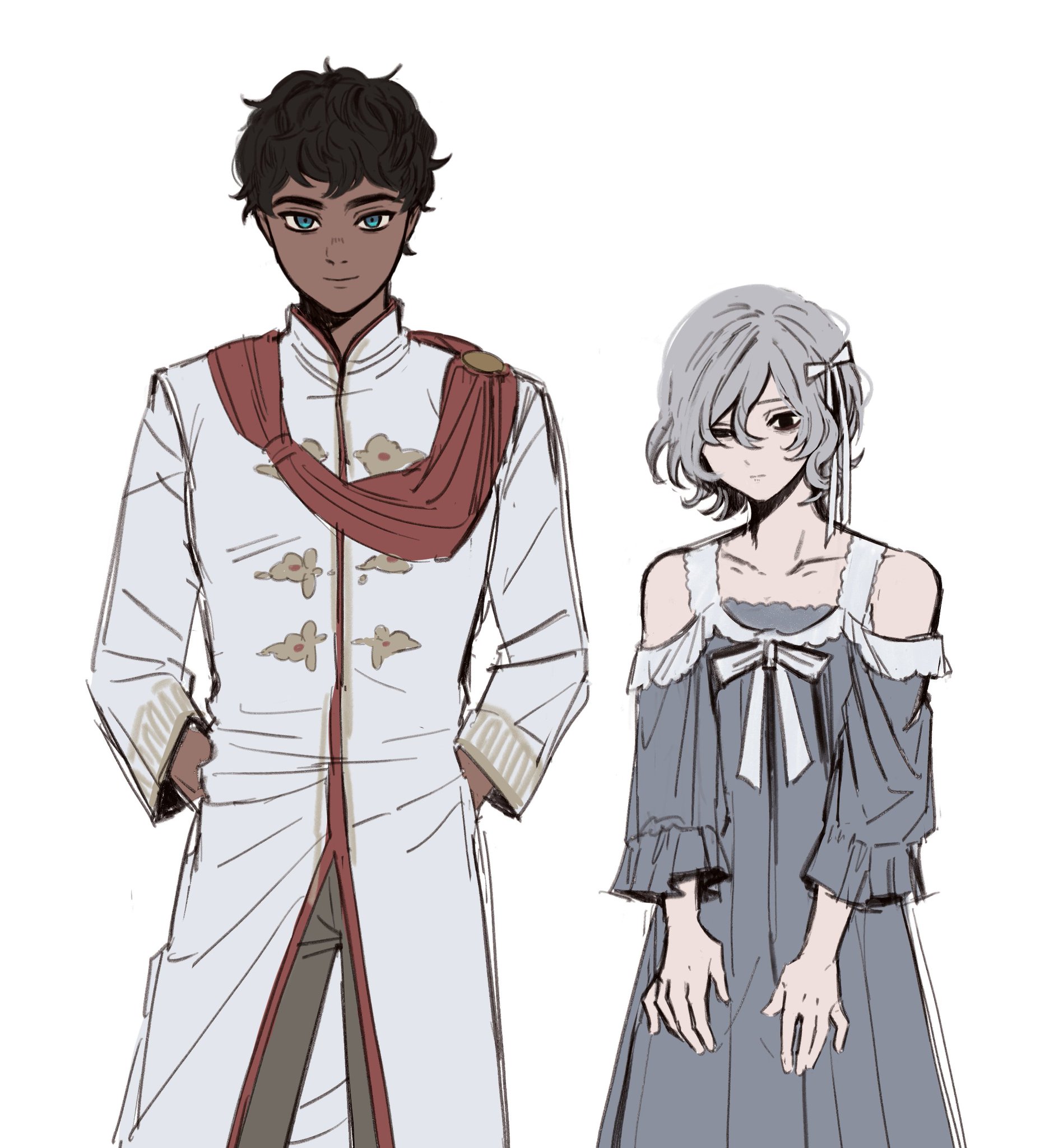 he image contains an animestyle illustration of a young man and a young woman standing sidebyside.  the man is dressed in an elegant, long, lightcolored robe with maroon accents, possibly indicating a prince or noble. he has dark skin and dark hair. the woman wears a light gray, offshoulder dress with puffed sleeves, suggesting a princess or noblewoman. she has light gray hair. both characters are depicted with soft features and gentle expressions, and they appear to be a couple. the style of the artwork is sketchy and slightly unfinished, adding a personal touch. the background is plain white, focusing attention on the characters.
