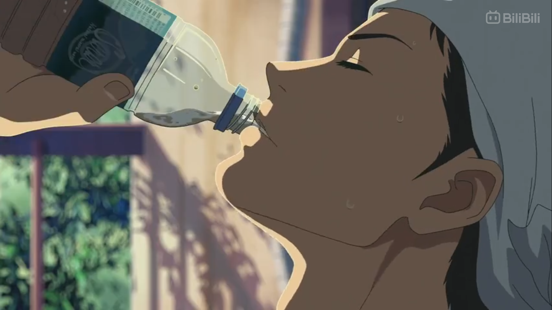 a closeup side profile of an animated man with short black hair drinking water from a plastic bottle. he has sweat beads on his face and a white cloth on his head, suggesting a hot day. the background is blurred, hinting at a lush, green outdoor setting.