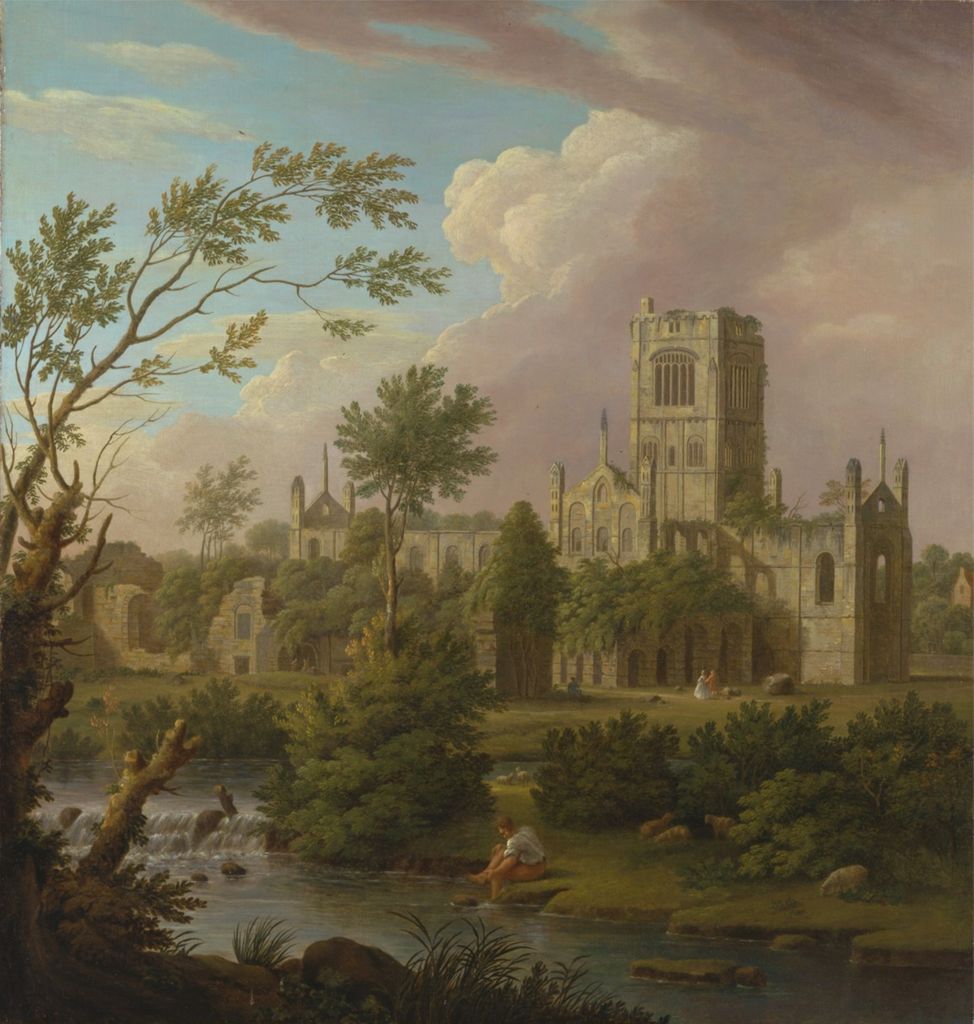 the image is a painting depicting a landscape featuring the ruins of a large abbey. a river flows in the foreground, with a small waterfall. a figure is sitting by the riverbank. trees and bushes are scattered throughout the landscape. the sky is filled with clouds. the style of the painting suggests it is from the georgian era.